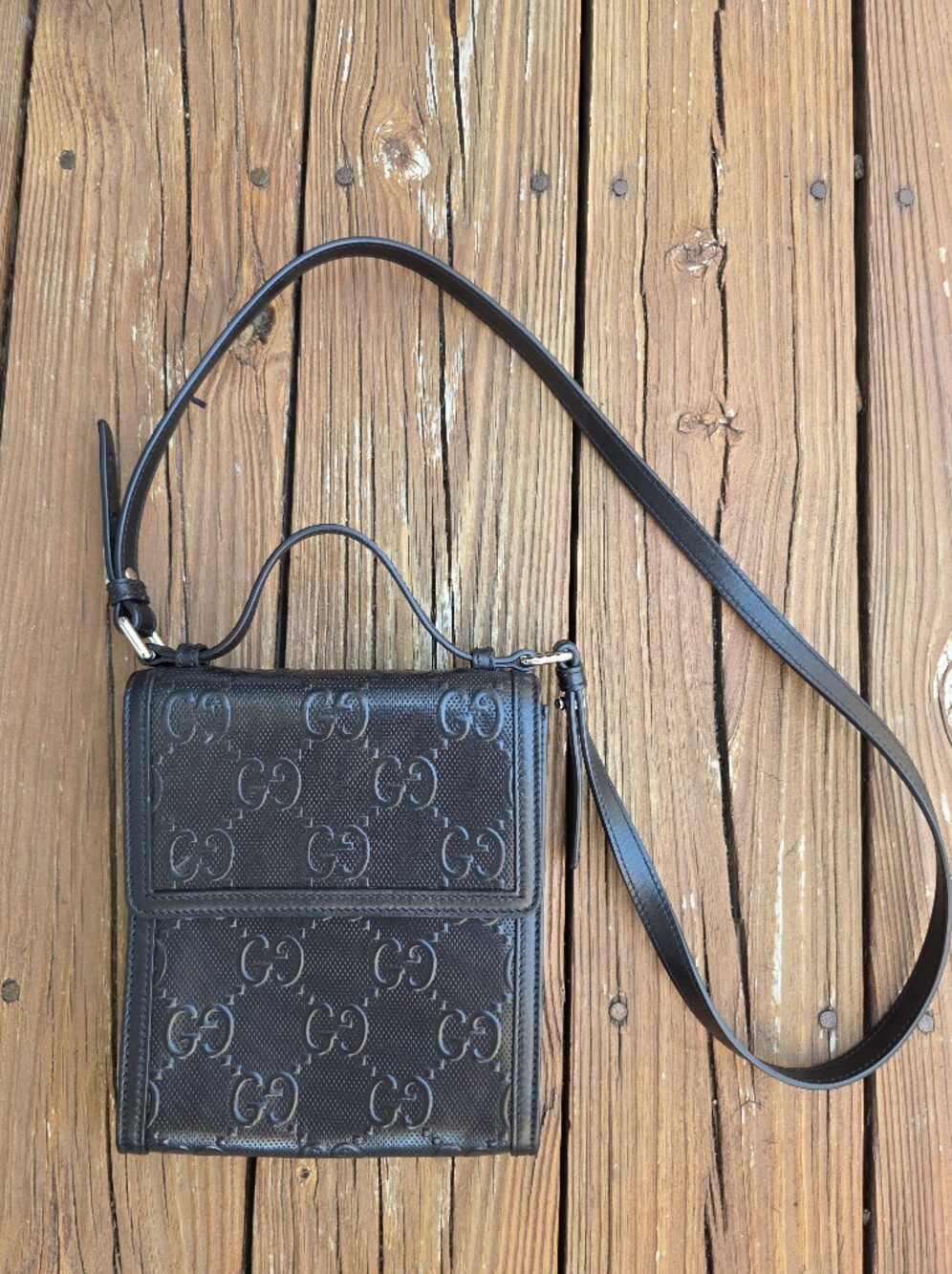 Gucci Black Leather Embossed Shoulder Crossbody Messenger Bag